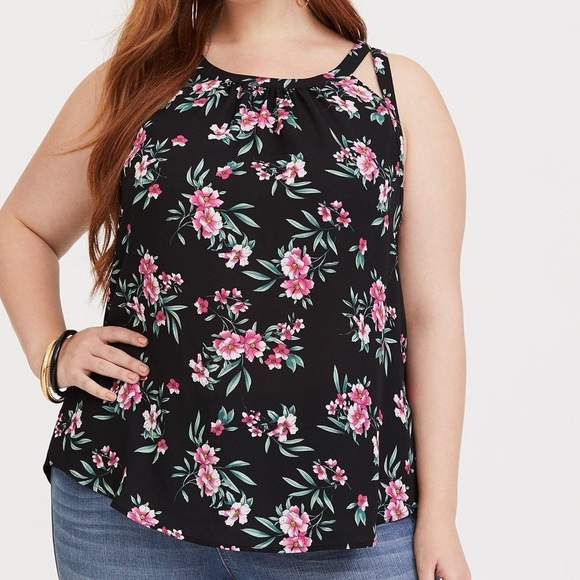Torrid Black & Pink Floral Georgette with Knit Back Tank Top - Picture 1 of 8